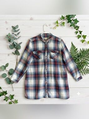 J Jill Top Women 1X Plaid Flannel Button Up Long Sleeves Plus Tunic Pockets